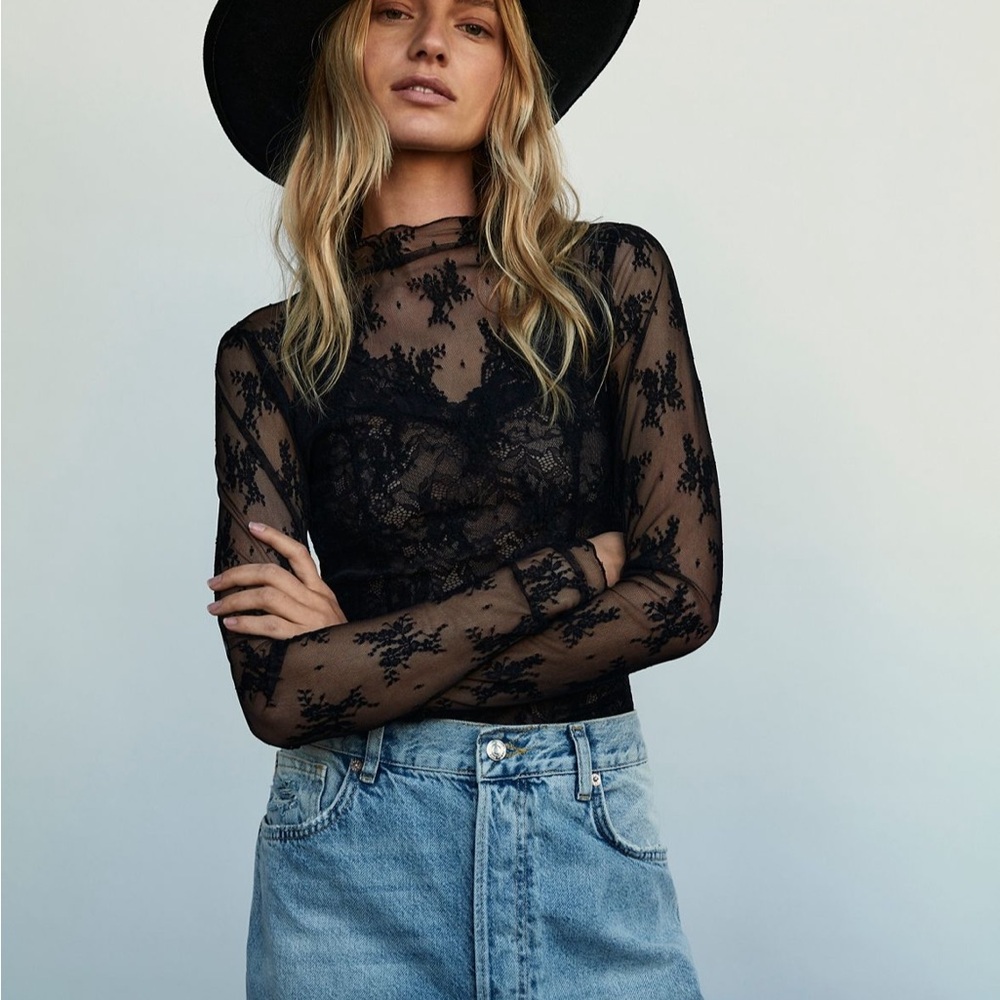 Free People Lux Layering Top - Black Lace Sheer Top